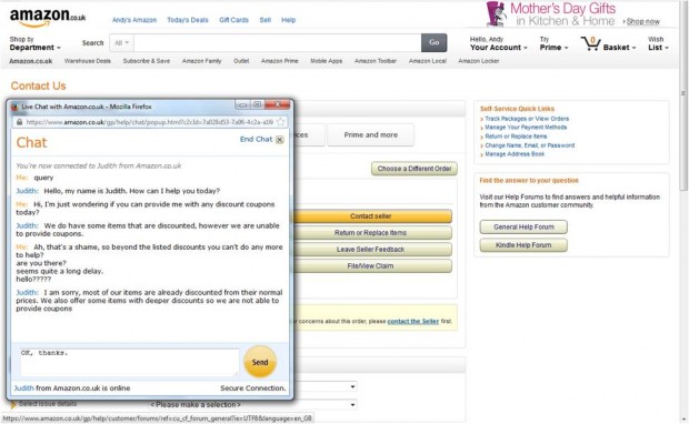 Amazon UK live chat service dialogue