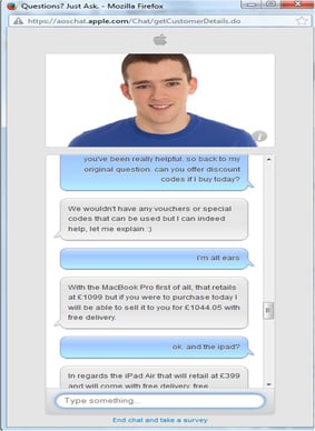 Apple UK live chat support dialogue window