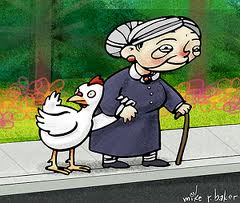 Chicken helping an old lady across the road